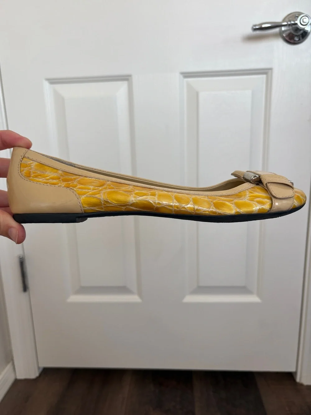 Antonio Melani Yellow Crocodile Leather Buckle Flats